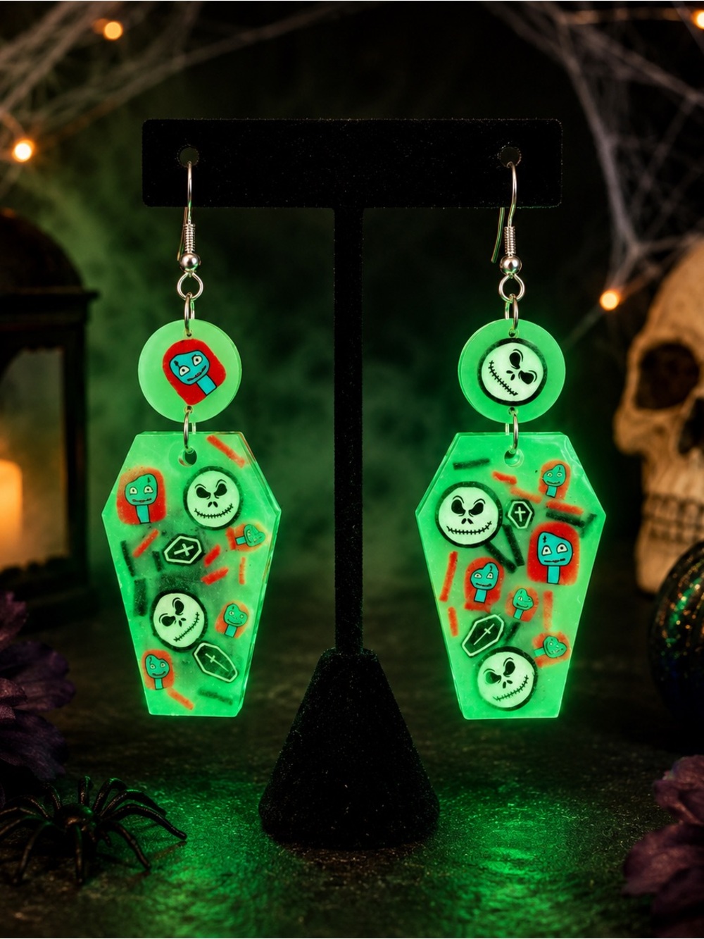 Glow-In-The-Dark Green Coffin Earrings with Halloween Faces